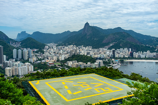 View from Sugar Loaf Mountain  at a helicopter platform and the center of Rio de Janeiro, Brazil, South America