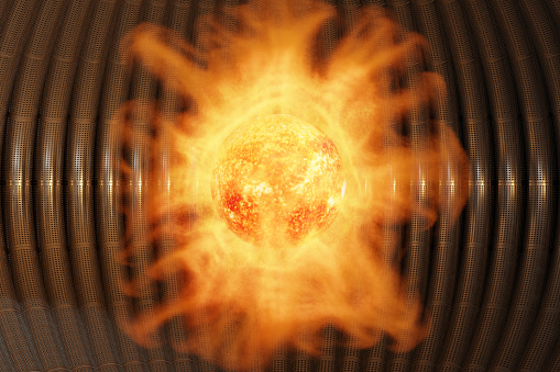 Atomic nuclei of hydrogen are combined to generate sun-like power in a reactor. Illustration of the concept of nuclear fusion and its sustainability and clean energy