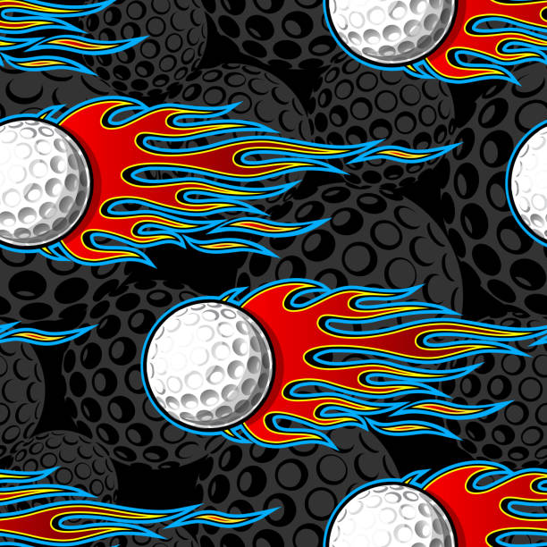 illustrazioni stock, clip art, cartoni animati e icone di tendenza di palline da golf in fiamme che ripetono l'illustrazione dell'immagine dell'arte vettoriale della piastrella. pallina da golf e fuoco tribale fiamma senza cuciture sfondo carta da imballaggio disegno. - golf ball golf fire backgrounds