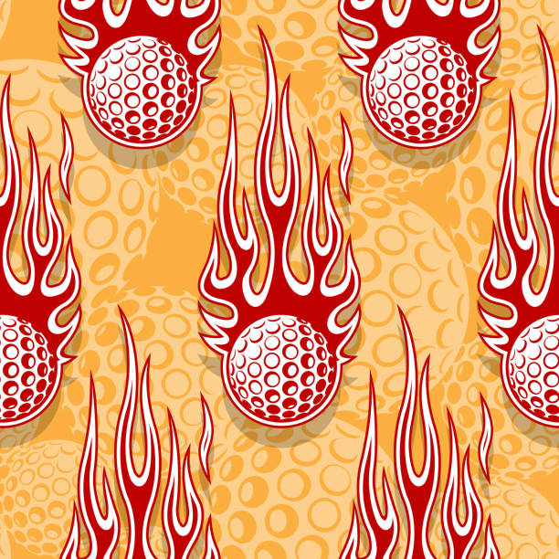 illustrazioni stock, clip art, cartoni animati e icone di tendenza di pallina da golf in sfondo ripetuto di fuoco tribale. palline da golf senza cuciture modello vettoriale immagine carta da parati e carta da imballaggio design. - golf ball golf fire backgrounds