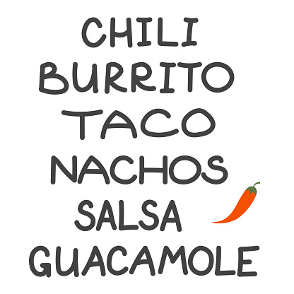 Mexican Menu lettering with traditional food names Guacamole, Salsa, Taco, Nachos, Chili, Burrito. Vector illustration Hand drawn text logo isolated on white background.