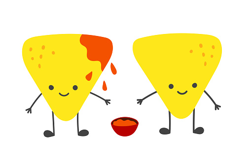 Two Chips Nachos characters with a cup of tomato salsa. Mexican food flat vector illustration
