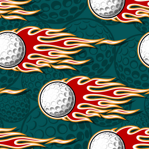 illustrazioni stock, clip art, cartoni animati e icone di tendenza di palline da golf in fiamme che ripetono l'illustrazione dell'immagine dell'arte vettoriale della piastrella. pallina da golf e fuoco tribale fiamma senza cuciture sfondo carta da imballaggio disegno. - golf ball golf fire backgrounds