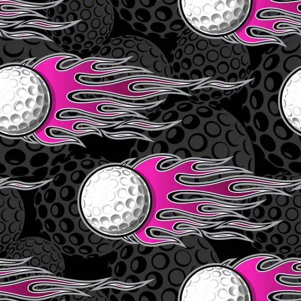 Vector illustration of Golf ball and tribal fire flames Seamless pattern vector art image. Burning golf balls repeating tile background wallpaper texture.