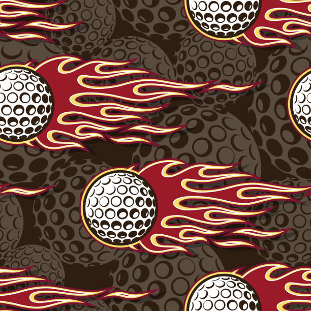 illustrazioni stock, clip art, cartoni animati e icone di tendenza di immagine di illustrazione vettoriale del design della carta da parati del golf. sfondo di piastrelle ripetute di palline da golf e texture senza soluzione di continuità della fiamma del fuoco. - golf ball golf fire backgrounds