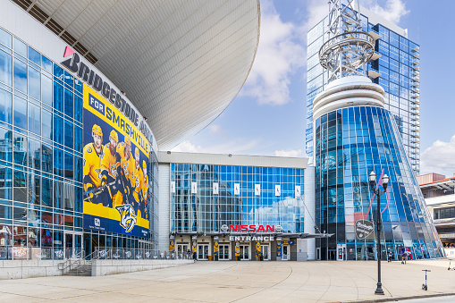 Nashville, TN, USA - March 28, 2021: The Bridgestone Arena is home to the Nashville Predators, located in the downtown Nashville. The venue holds hockey games, concerts, and other events.