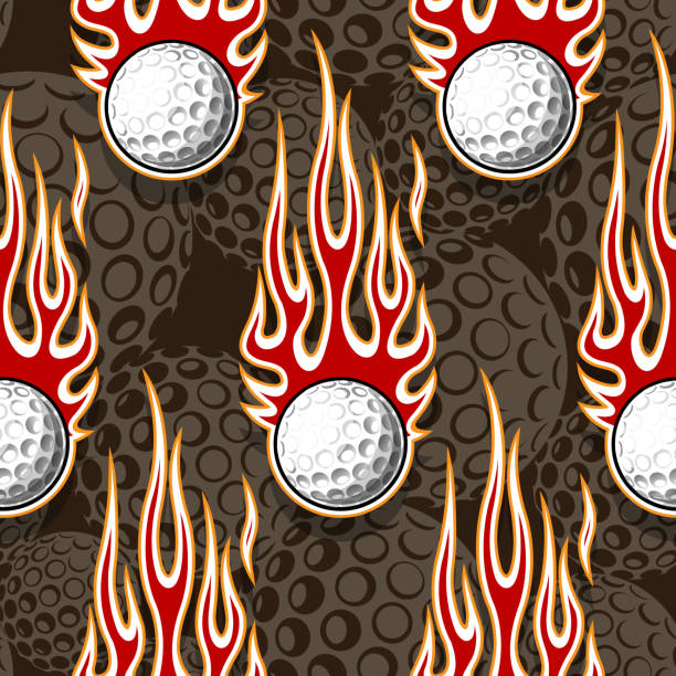 illustrazioni stock, clip art, cartoni animati e icone di tendenza di palline da golf e fiamma di fuoco senza cuciture modello vettoriale grafica artistica. texture di sfondo continuo della pallina da golf fiammeggiante. - golf ball golf fire backgrounds