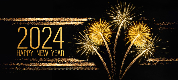 2024 Happy New Year holiday Greeting Card banner - Golden year, glitter stripes and firework fireworks pyrotechnics on black night texture background