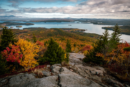 View of Lake Winnipesaukee from the top of Mount Major trail in New Hampshire