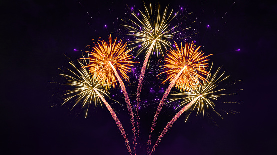Festival Party New Year's Eve Sylvester u otra celebración fiesta de fondo tarjeta de felicitación - Colorido hermoso fuegos artificiales pirotecnia de fuegos artificiales en el cielo oscuro de la noche photo