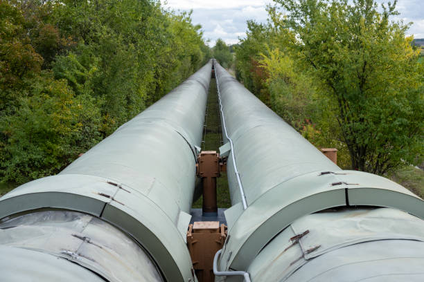 istock Thermal energy transfer infrastructure. central heating pipes in a protective metal thermal insulation jacket laid above the ground in europe. 1449402982