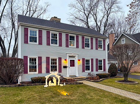 Saltbox Colonial house at Christmas time