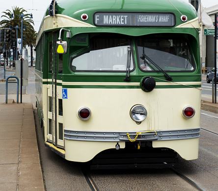 Old electrical tramway in San Francisco during springtime day