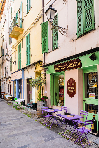 Colorful stores in the Sanremo downtown, a tourist destination of the Ponente Ligure