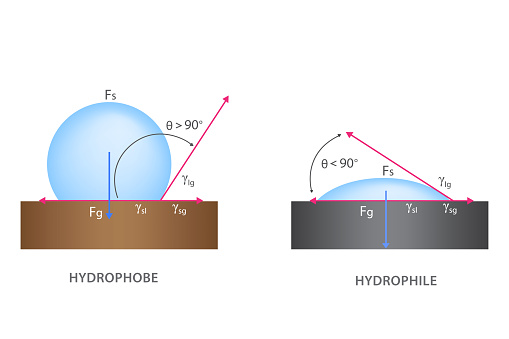 Surface tension concept vector illustration. Hydrophilic, hydrophobic and perfect wetting the solid surface with liquid. Wetting and Surface tension for water. hydrophilic and hydrophobic surface.
