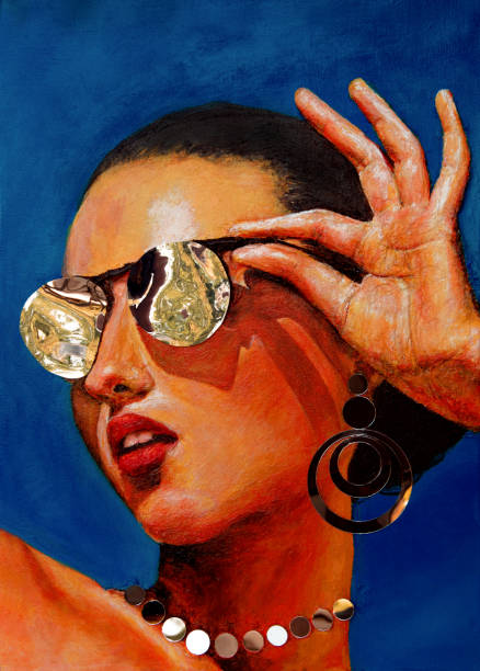Female Face with sunglasses Acryl painting with mirror elements red spectacles stock illustrations