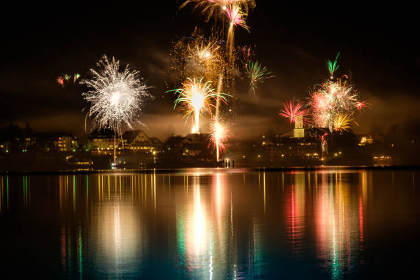 Feuerwerk am See stock photo