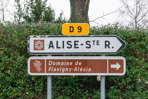 the signs point in the direction of Alise-Sainte-Reine and the Domaine de Flavigny-Alesia winery on the D9 national road. 01/07/2022 - Jard Sous la ville, Flavigny-sur-Ozerain, Department Côte-d'Or, Burgundy-Franche-Comté, Arrondissement Montbard, France