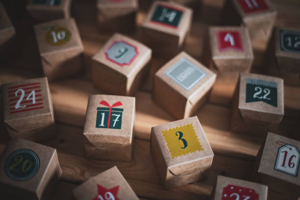 istock A beautiful advent calendar in a scattered box with numbers. 1449413466