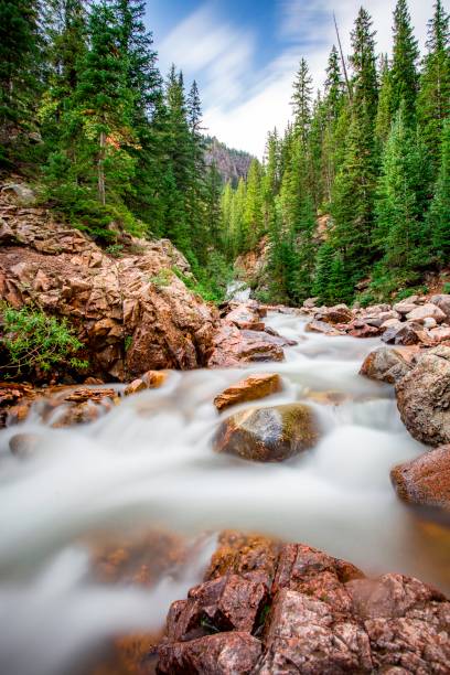 Booth Falls, a very popular day hike in Vail Colorado produces a magnificent waterfall with green trees and a bright blue sky. This is a Long Exposure.