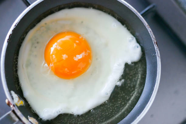 istock Fried eggs in the pan close up , 1449415091