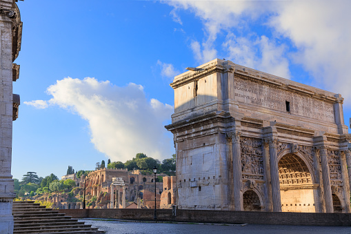 A view of the imposing mausoleum of Augustus, also known as Augusteo, the funerary monument of the emperor Augustus subjected to a long restoration and which is expected to open to the public in March 2021. The mausoleum, built starting from 28 BC. it stood in the northern part of the Campo Marzio and was one of the wonders of Imperial Rome. A few meters away is the Ara Pacis, the altar dedicated to peace erected by Augustus himself in the year 9 BC. On the left the church and the convent of San Rocco all'Agusteo. Image in High Definition format.