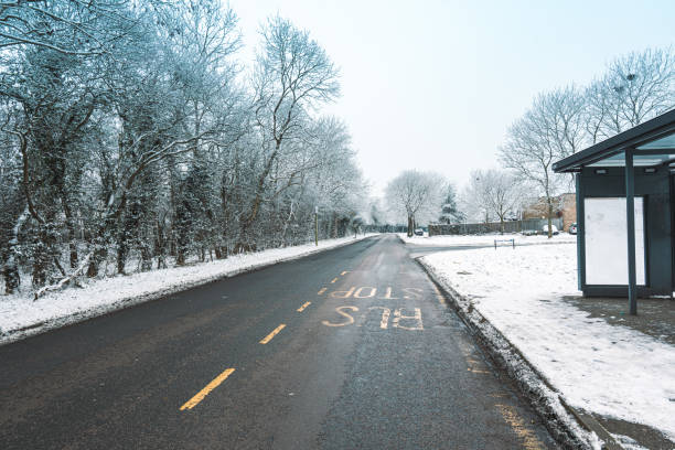 雪の冬の道 - drivers point of view country road snowing blizzard ストックフォトと画像