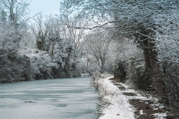 Canal captured during snowfall in winter