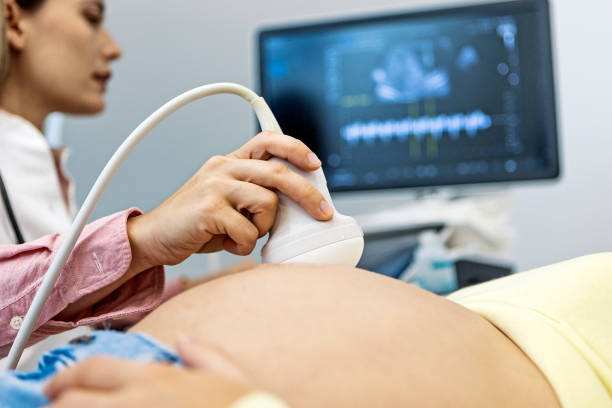 medico con una donna incinta - ultrasound gynecologist gynecological examination human pregnancy foto e immagini stock