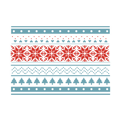 Red and blue sweater seamless pattern with snowflakes, hearts and Christmas trees.