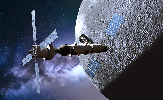 3D illustration of a spacecraft near the Moon