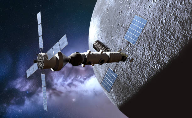 Spacecraft near the Moon stock photo