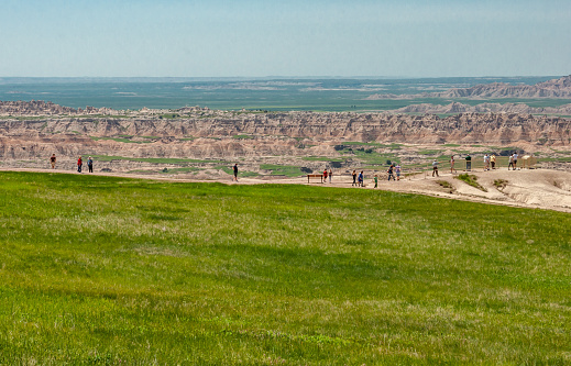 Panorama from Homestead Overlook, Badlands National Park, South Dakota, USA showing the badlands transitioning into mixed grass prairie.