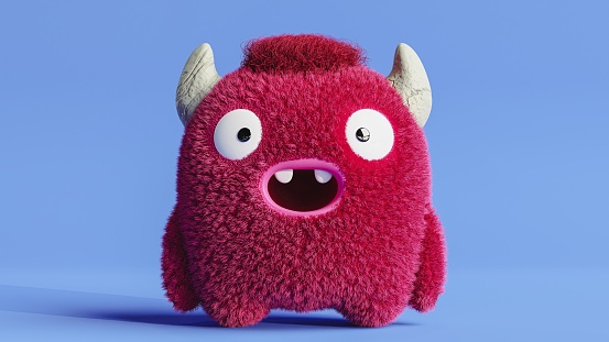 Shocked fluffy creature, furry red mascot with horns