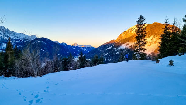 호초비르 (hochobir) - 오스트리아 알프스 카린티아의 카라완크(karawanks)에서 탁 트인 전망을 감상할 수 있는 눈 덮인 등산로에서 차를 마시며 스노우 슈즈를 신고 있는 여성. - apres ski hiking break winter 뉴스 사진 이미지