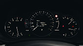 Modern digital car mileage. Car dashboard with sensors and information. RPM, Fuel indicator and temperature.