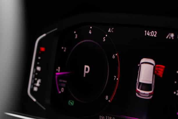 istock Modern car dashboard with speedometer, tachometer. Car dashboard. Car dashboard details. Modern car interior. The speedometer of a modern 1449427149
