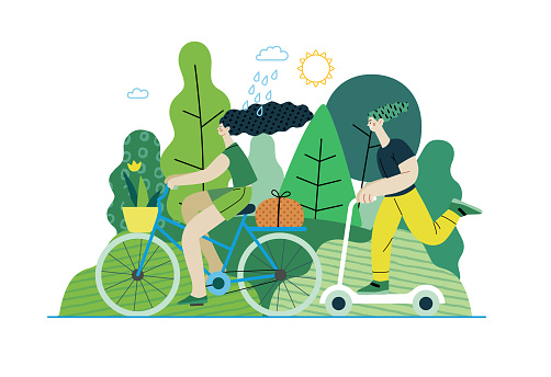 Ecology - Sustainable transport -Modern flat vector concept illustration of a young woman ridyng bycycle and a man on the scooter. Ecological transport metaphor. Creative landing web page template