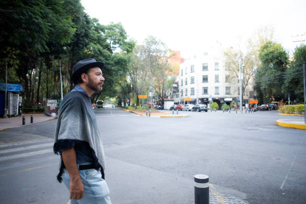 man walking through the city