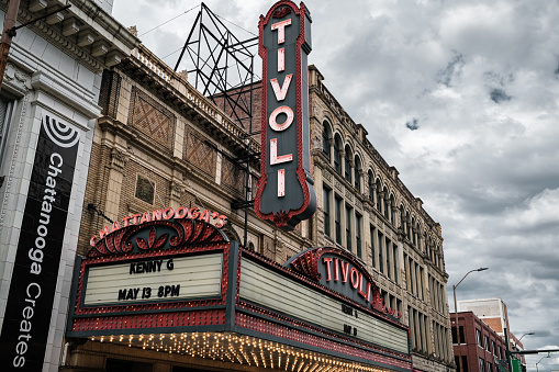 Chattanooga, Tennessee USA - May 13, 2022: Vintage Tivoli Theater building on popular Broad Street in the downtown district
