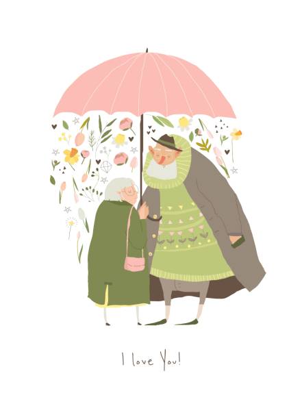 大きな傘の下に立っている祖母を持つ漫画の祖父 - senior couple senior adult embracing grandmother点のイラスト素材／クリップアート素材／マンガ素材／アイコン素材