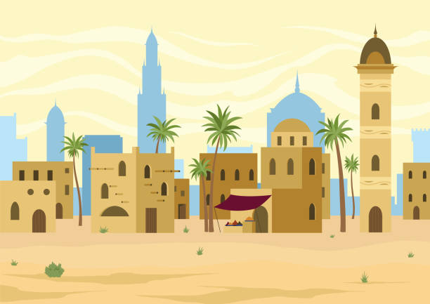 ilustraciones, imágenes clip art, dibujos animados e iconos de stock de oriente medio. paisaje desértico árabe con casas tradicionales de adobe. edificio antiguo en el fondo. ilustración de vector plano - town of egypt