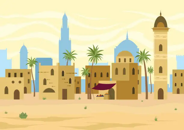 Vector illustration of Middle east. Arabic desert landscape with traditional mud brick houses. Ancient building on background. Flat vector illustration