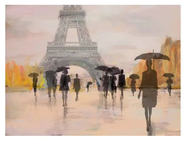 Vector illustration of Paris in a rainy day of autumn by Eiffel Tower