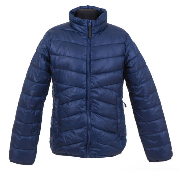 istock Stylish winter clothes. Unisex blue jacket isolated on white background 1449432345