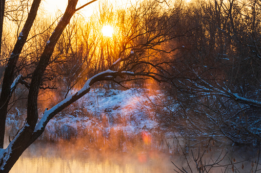 beautiful sunset over winter river, landscape