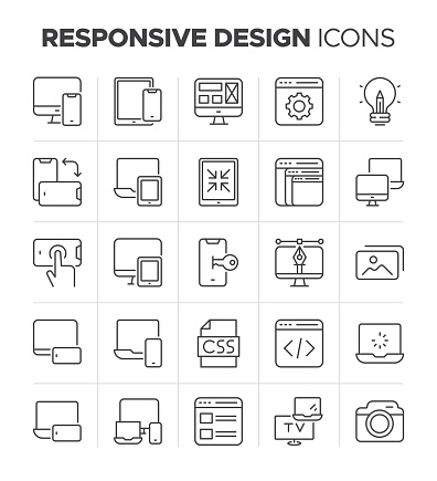 Collection of 25 responsive design icons in line style that suitable for any project. Ready for use, designed with grid system, pixel perfect and 32px. Contains such icons as responsive design, digital devices, mobile design, electronic devices, tablet, design tools, digital tools and more.