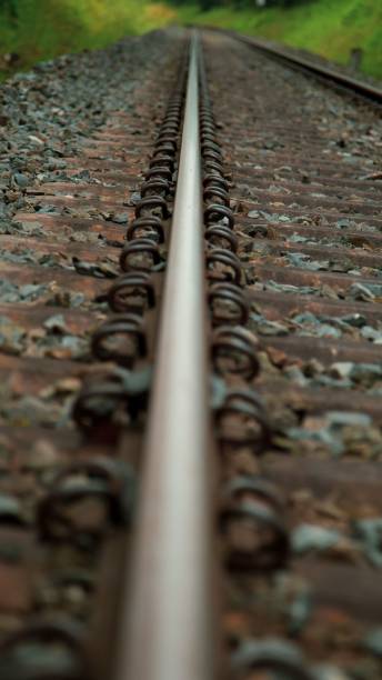 istock Vertical closeup of old rusty tram rails, grass background 1449435707