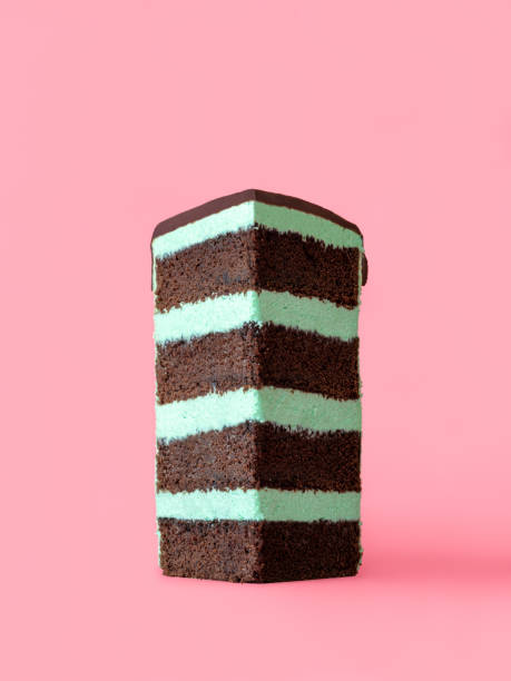 Single slice of mint and chocolate cake minimalist on a pink table. Delicious homemade cake with peppermint cream and chocolate base.