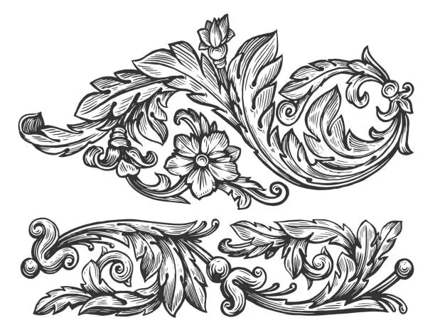 Vector illustration of Floral pattern with flowers in vintage engraving style. Set of decorative elements for design. Sketch vector